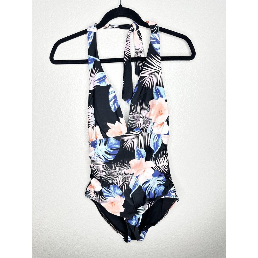 NEW DKNY Swimsuit One Piece Womens Medium Black Floral Halter Tummy Control UPF